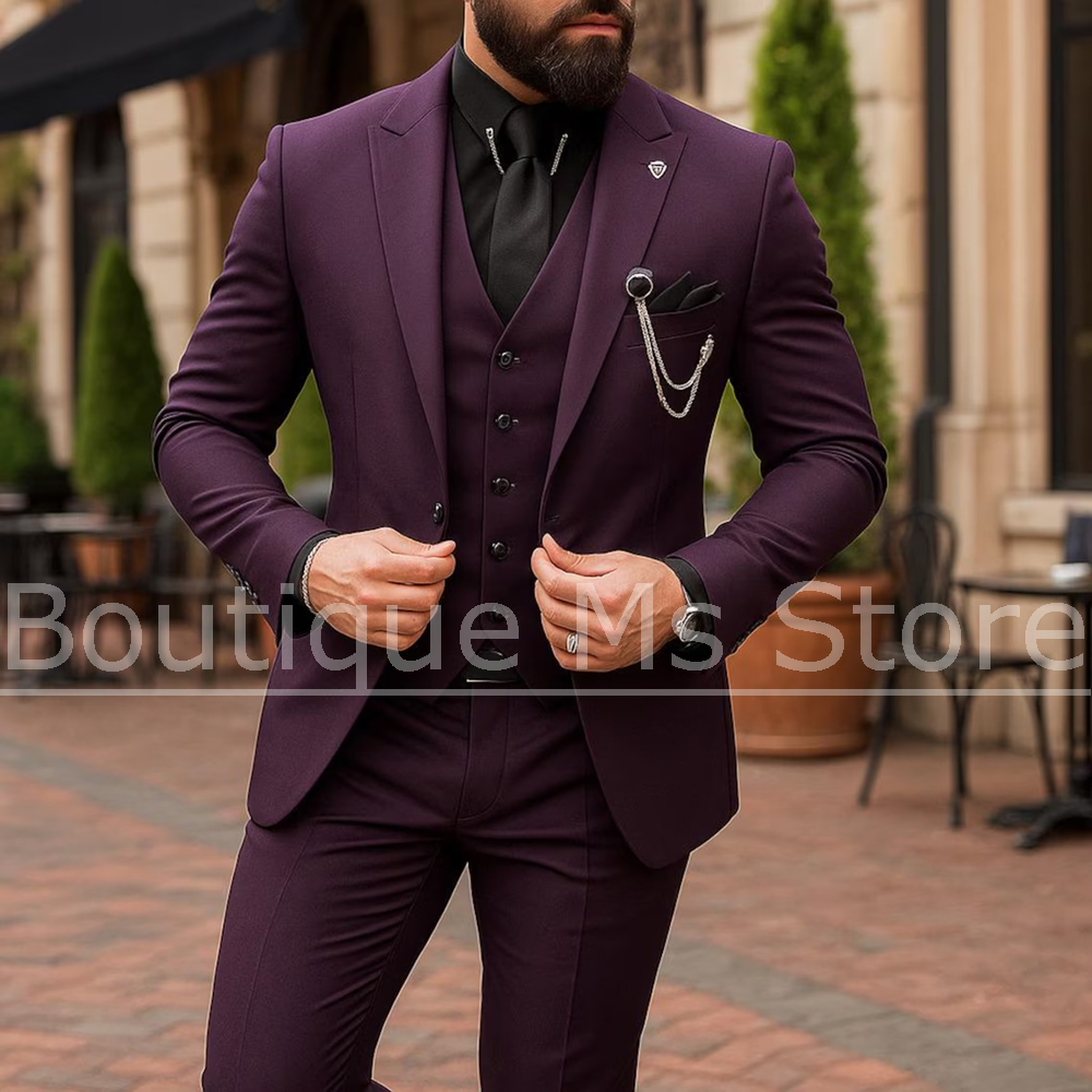 Men Formal Wear Outfits - Heren 3-delig pak, enkelrijig, effen kleur,